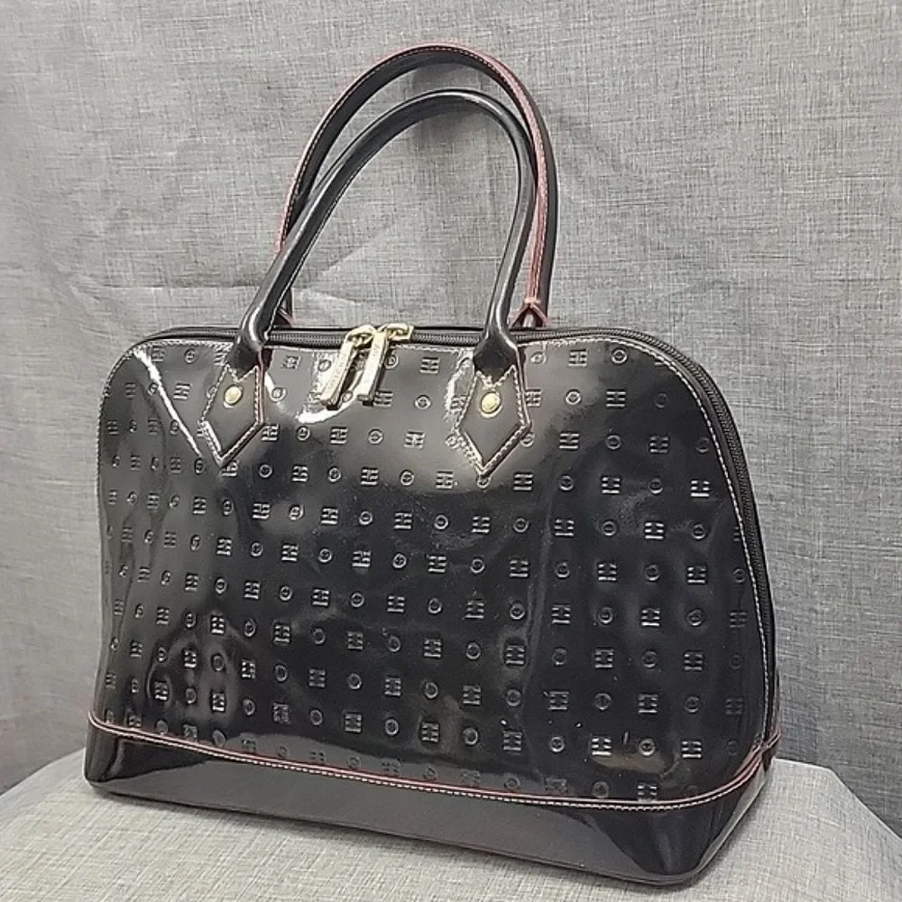 Arcadia Signature Large Blk Patent Leather Tote, Made In Italy Monogram Bag